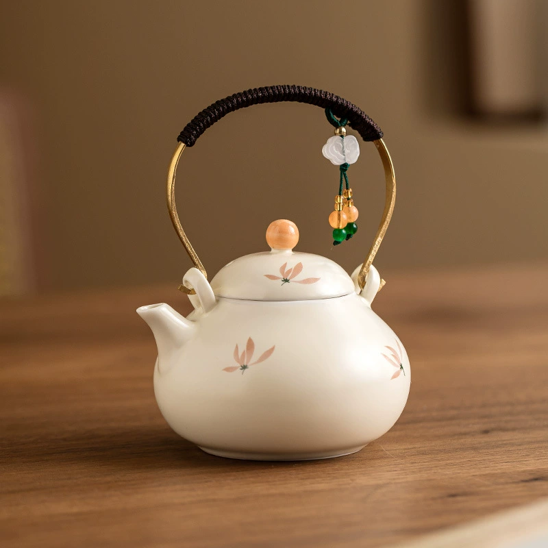 Ceramic Teapot, Orchid Pattern, 132 ml, Beige-Pink Gift Option