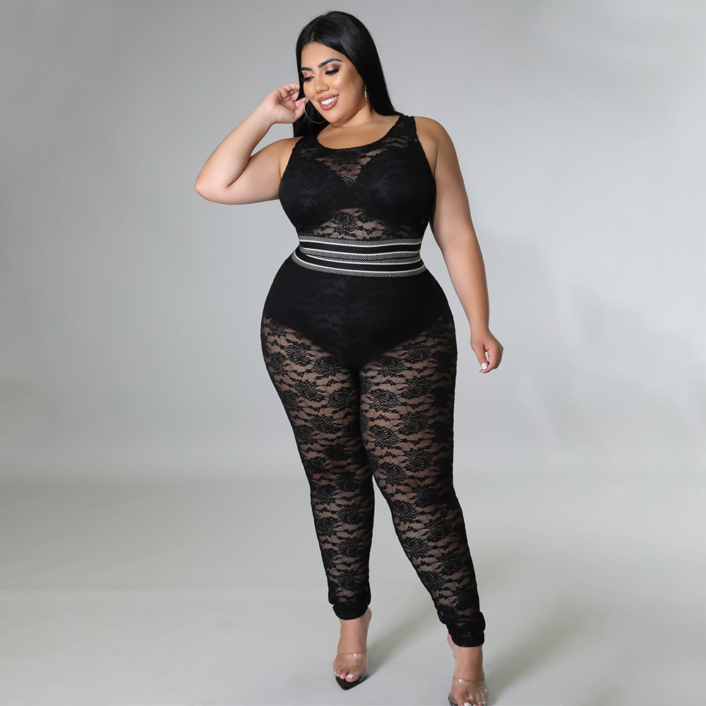 plus size sling high waist slim solid color lace see-through vest and pant set NSLNW122667