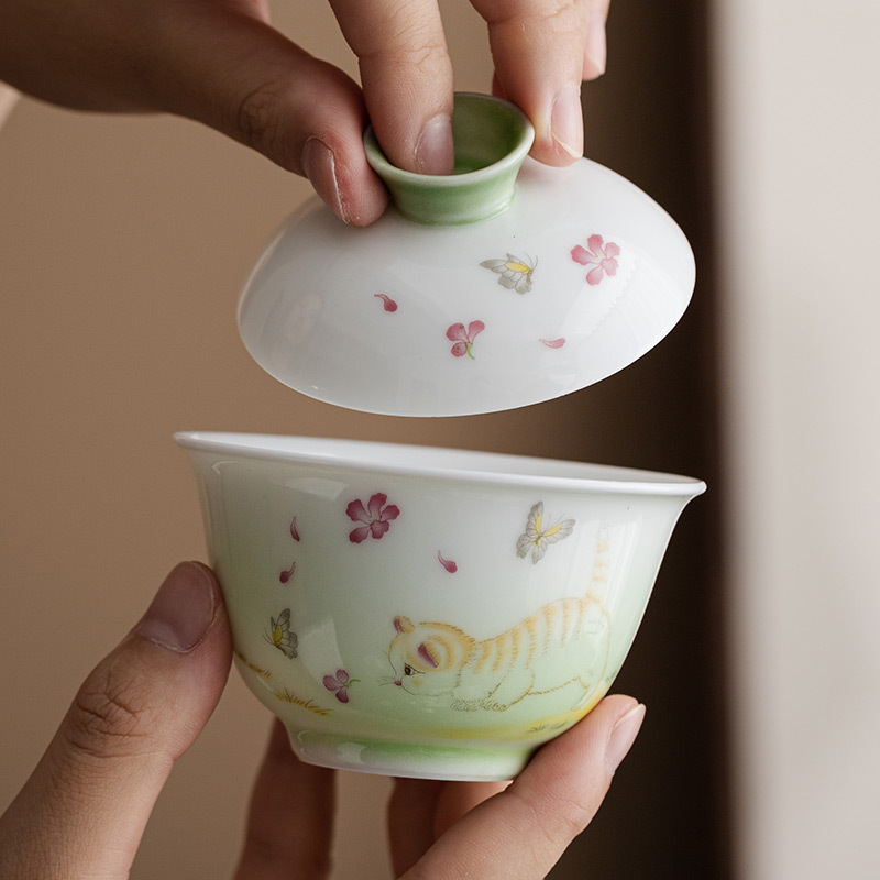 白瓷手绘萌猫陶瓷三才盖碗茶杯高档功夫茶具泡茶茶碗带盖单个家用