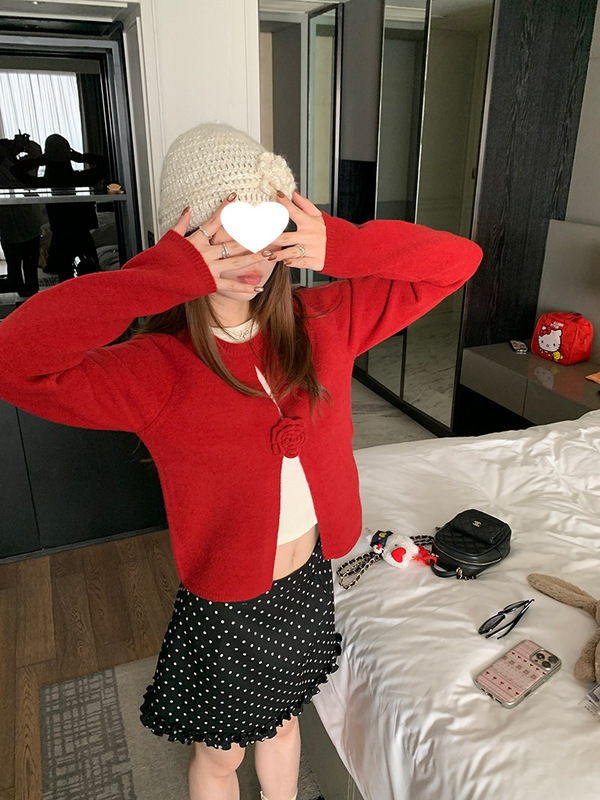 【现货】im向 捕梦少女立体手工钩花山茶花假两件针织衫女春撞色|undefined