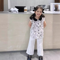 2024春夏韓版女童夏季襯衫短袖娃娃領碎花撞色半袖上衣兒童襯衣