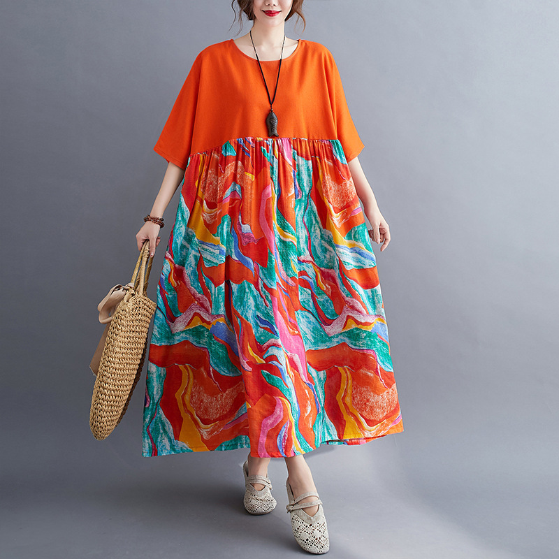 2026 cross-border sweet color-block dress, new summer style, retro, plus-size, loose-fitting, cotton and linen printed dress for women 2026 cross-border sweet color-block dress, new summer style, retro, plus-size, loose-fitting, cotton and linen printed dress for women