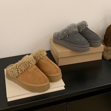 厚底真皮加绒保暖雪地靴半拖鞋女外穿2025冬季新款一脚蹬毛毛拖鞋