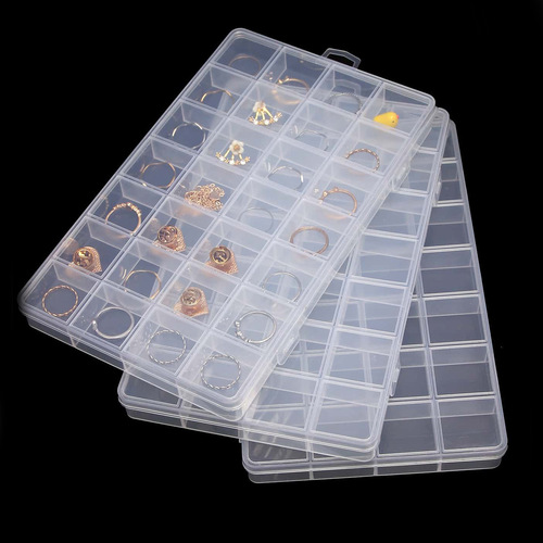 Jewelry Organizer Box with 28 Fixed Compartments, Anti-Tangle Design; Transparent Plastic Earring & Stud Holder for Rings