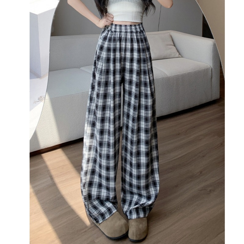 Plus-size plaid pants for women, new summer style, high-waisted, slimming, casual straight-leg pants, petite ice silk plaid wide-leg pants