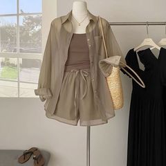 薄手の日焼け止めシャツトップス+スリムキャミソール+ゆったり万能ショーツレディーススリーピーススーツ