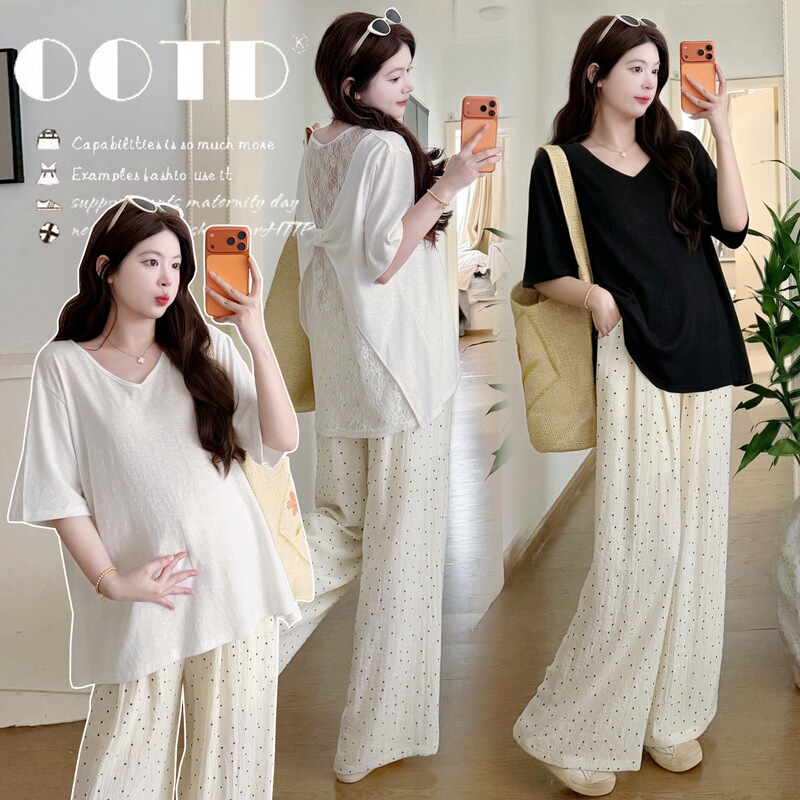 Maternity Suit Summer Thin Style 2026 New Korean Style Trendy Mom High-End Black Top and Polka Dot Pants Two-Piece Set Maternity Suit Summer Thin Style 2026 New Korean Style Trendy Mom High-End Black Top and Polka Dot Pants Two-Piece Set