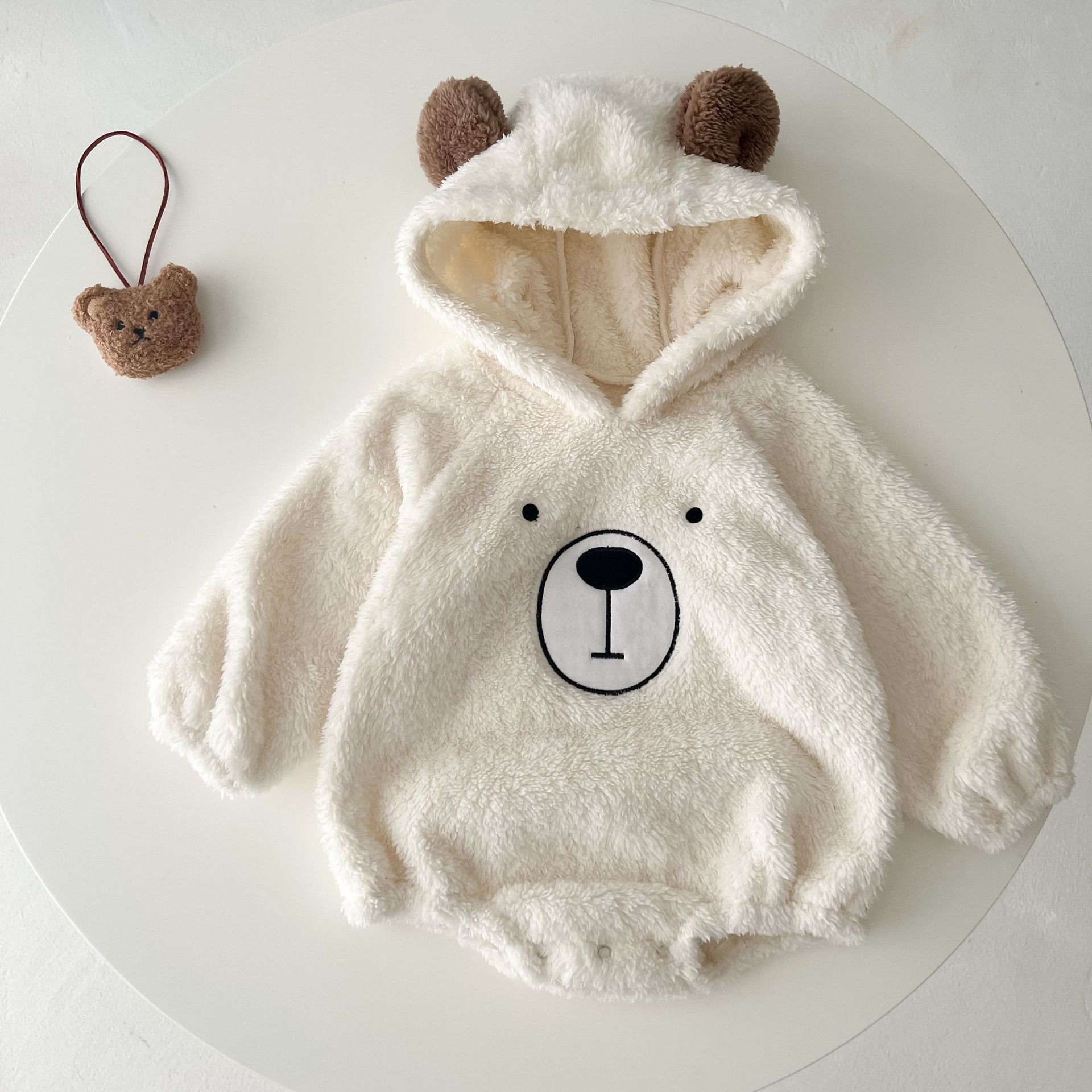 INS ropa de bebé Otoño e Invierno lindo oso con capucha bebé mameluco forrado de lana cálida funda de terciopelo de doble cara