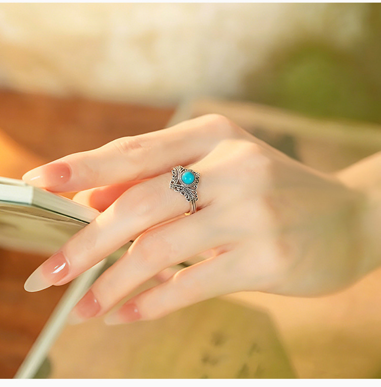 Nhẫn nữ bạc S925 đính đá mã não đỏ và ngọc lam, kiểu vương miện cổ điển, dạng mở điều chỉnh — Ngọc lam chi tiết 7