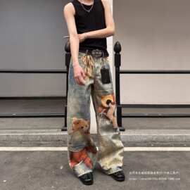 美式复古做旧小熊3D印花设计直筒牛仔裤2026新款男女宽松阔腿长裤