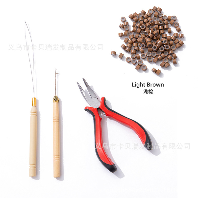 빨간색 펜치 + 나무 코바늘 + 나무 실꿰기 + 머리 연장 링 1000개(연한 갈색)