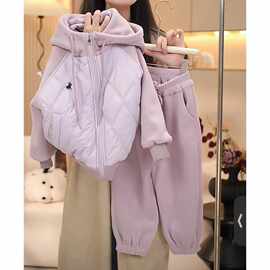 女童夹棉卫衣外套加厚卫裤套装2025儿童连帽棉服秋冬运动两件套潮