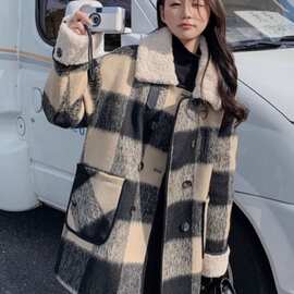 法式复古高级感夹棉加厚格子立领外套女气质韩系毛呢保暖百搭大衣