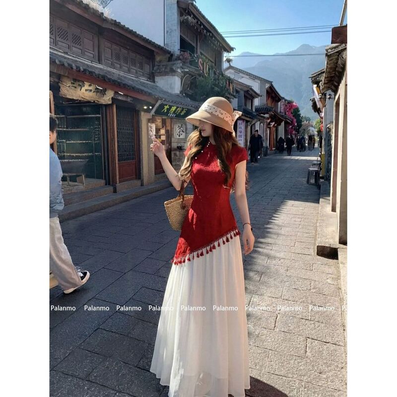 New Chinese-Style Red Tassel Cheongsam for Women, 2026 Summer New Design, Beautiful Patchwork Fake Two-Piece Dress
