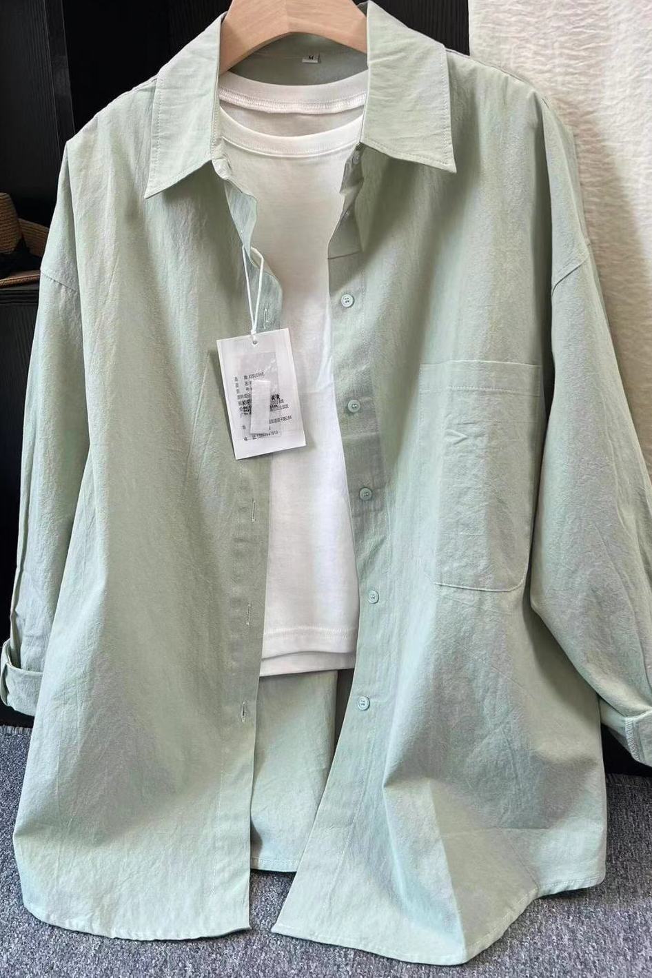 森系温柔风豆绿色棉料衬衫女内搭叠穿宽松遮肉显瘦长袖衬衣薄外穿