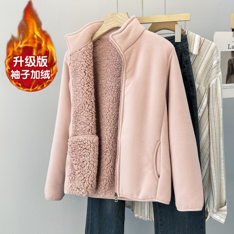 Fleece Jacket Liner Autumn and Winter Polar Fleece Jacket Women's Stand-Up Collar Warm Cashmere Fleece-Lined Thickeneded Sweatshirt Cardigan