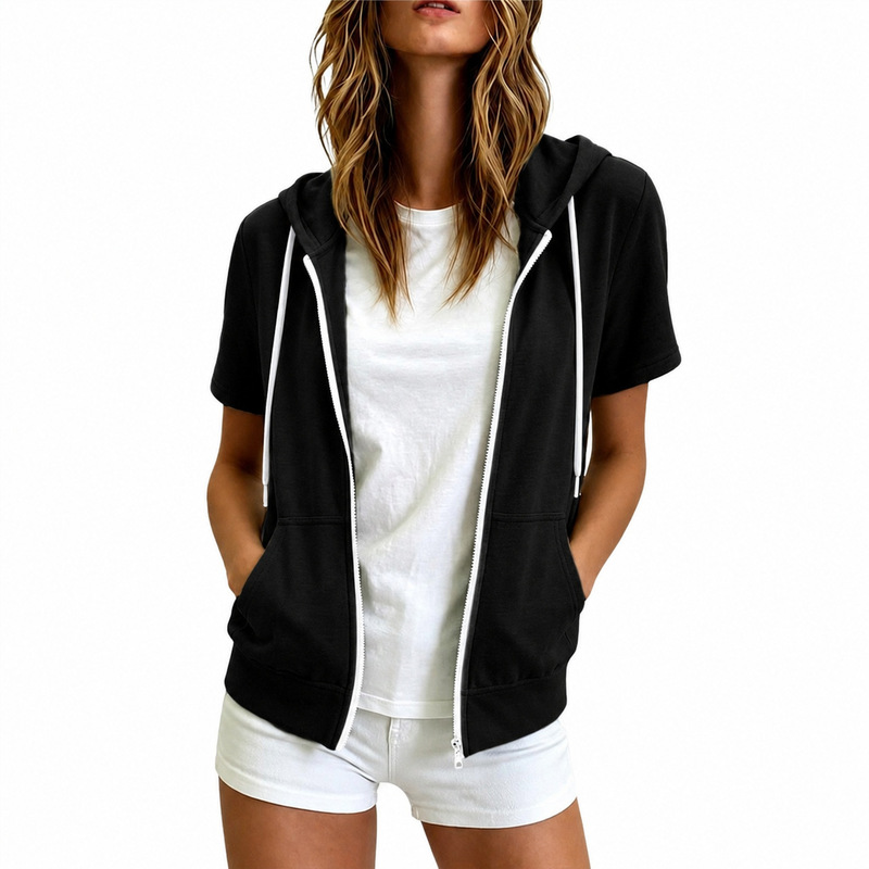 Amazon European and American foreign trade women's clothing hooded short-sleeve cardigan loose zipper hooded casual jacket sports style top Amazon European and American foreign trade women's clothing hooded short-sleeve cardigan loose zipper hooded casual jacket sports style top