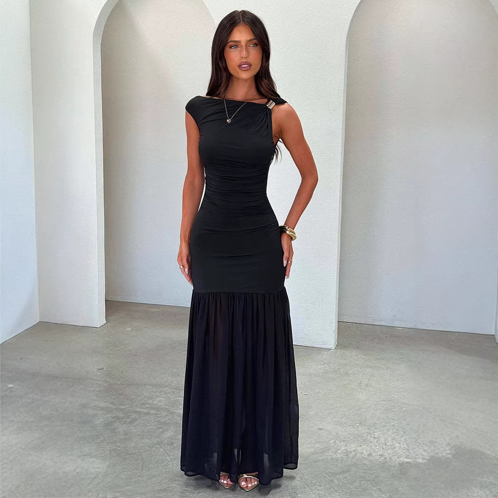 Women's Fashion One-Shoulder Long Dress European American Style Metal Knot Waist Cinching Mesh Patchwork Formal Dress_ecoleips.com