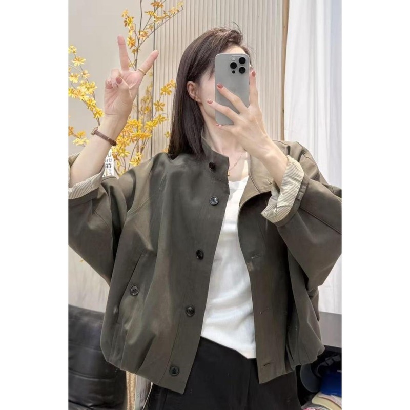 立领夹克休闲时尚外套2025新款宽松休闲内里条纹短款外套风衣上衣|undefined