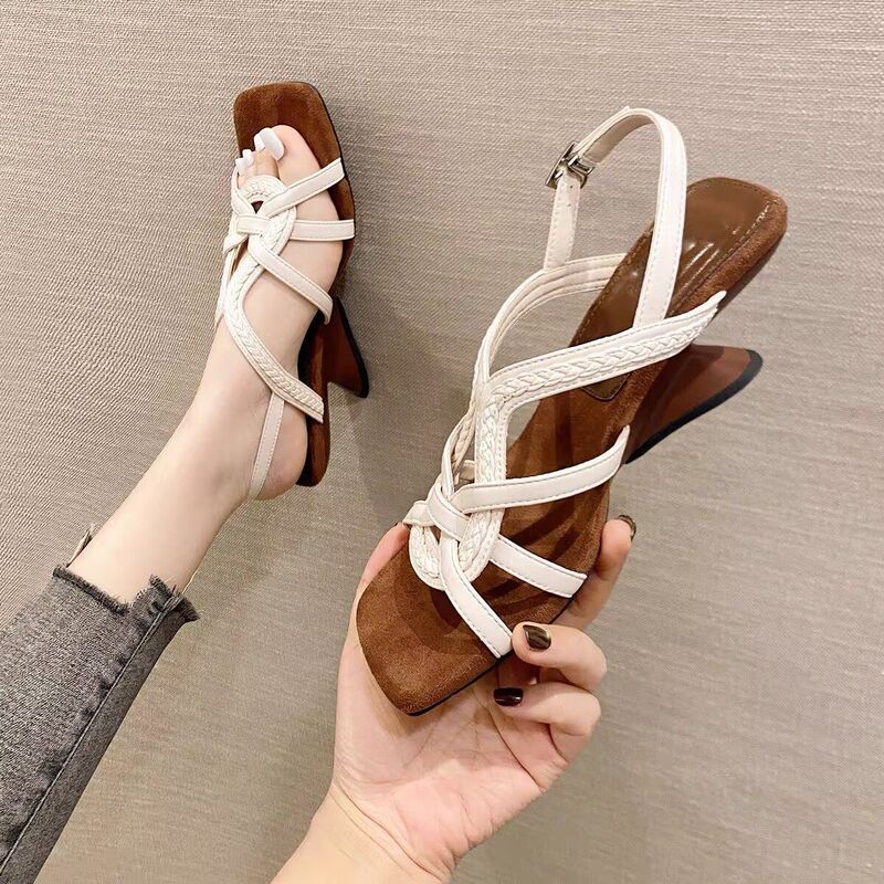 Soft Leather Version~French-Style Woven Cut-Out One-Strap Chunky Heel Sandals, Open-Toe Vacation-Style Roman High Heels for Women Soft Leather Version~French-Style Woven Cut-Out One-Strap Chunky Heel Sandals, Open-Toe Vacation-Style Roman High Heels for Women