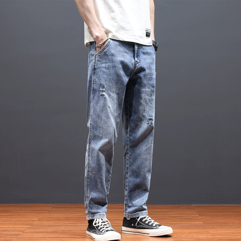 Гуанчжоу Xintang дырки джинсы мужские летние свободные новые приливные маленькие ноги длинные брюки эластичные повседневные шаровары