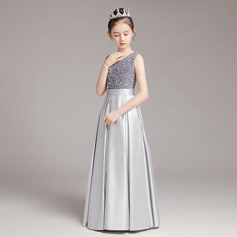 Concurso de piano para niñas vestido de noche traje de princesa vestido infantil anfitrión gris colorido cintura ajustada traje de rendimiento primavera