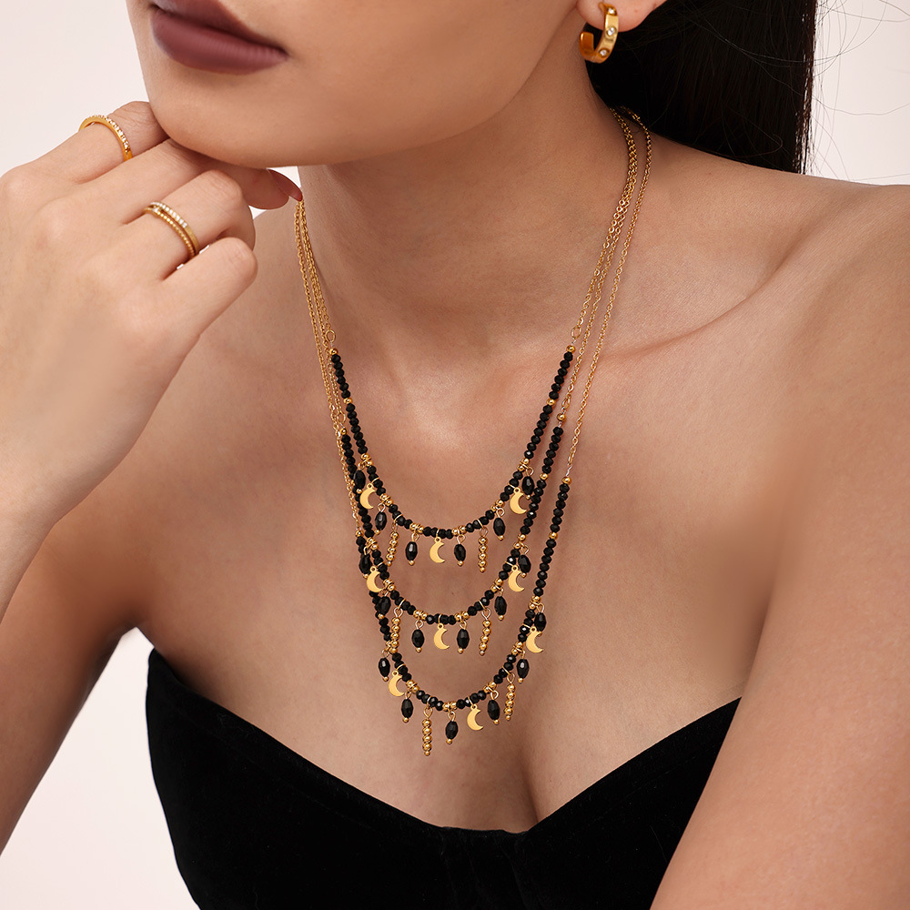 Sugar Cube Retro Temperament Black Crystal Moon Tassel Pendant Clavicle Necklace Stainless Steel Dark Queen Jewelry_voghion.com