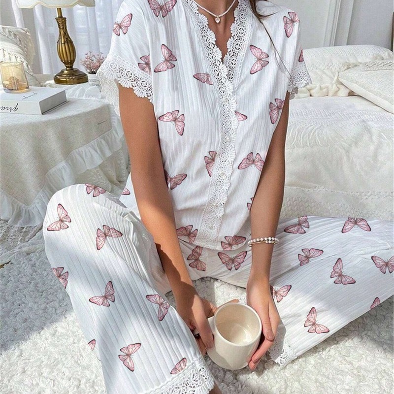 欧美跨境热销女士家居服樱桃印花水溶绣花边短袖长裤可外穿睡衣女|undefined