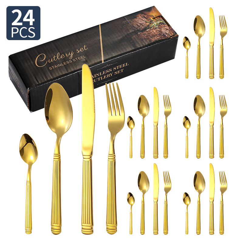 Columna romana vajilla de acero inoxidable cuchillo, tenedor y cuchara juego de 24 piezas hotel restaurante bistec cuchillo, tenedor y cuchara vajilla occidental cuchillo y tenedor