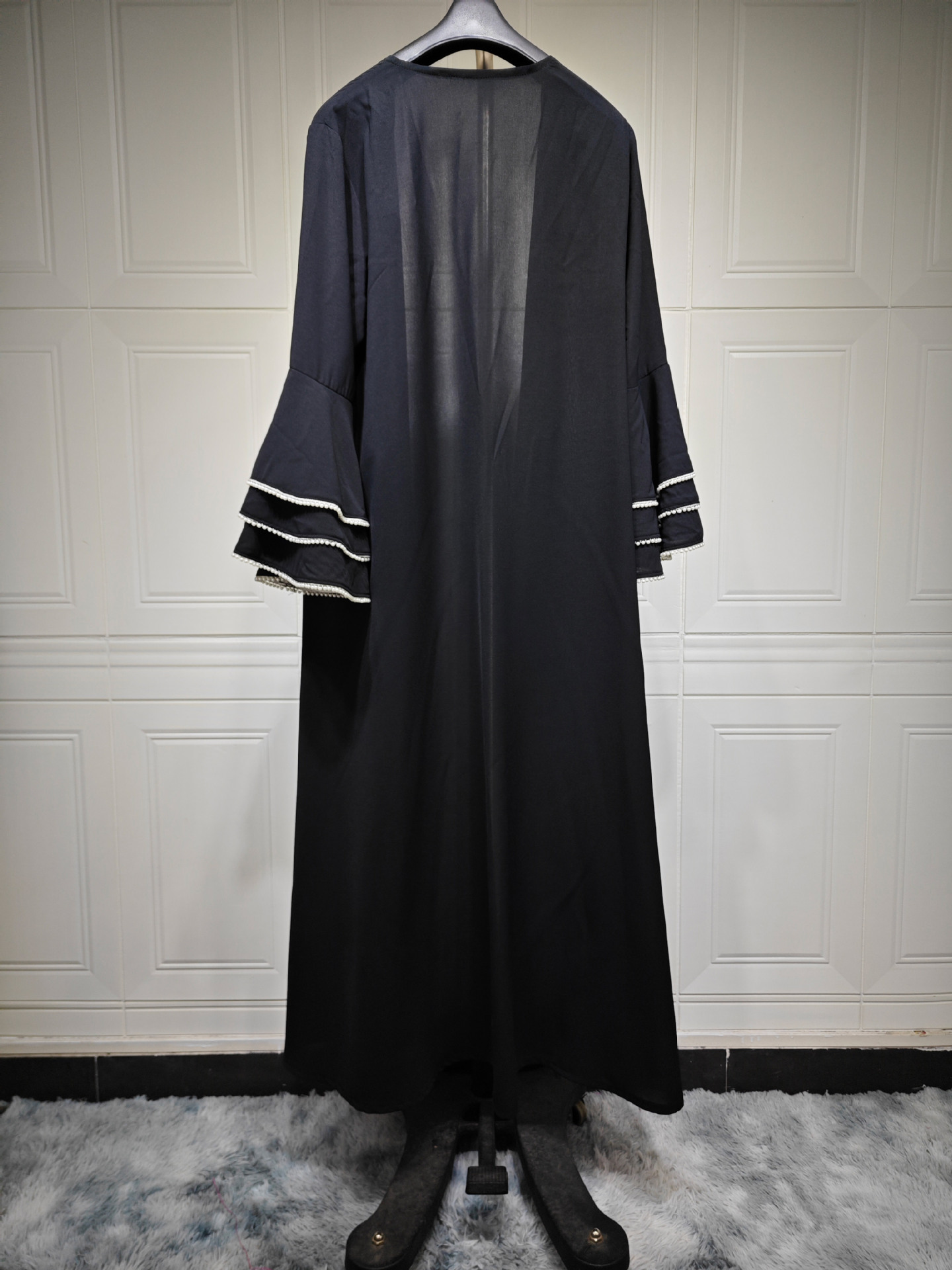 MQ120 Modest Arabic Dubai Cardigan Black Robe Cuff Beaded Abaya Fashion Coat_ecoleips.com