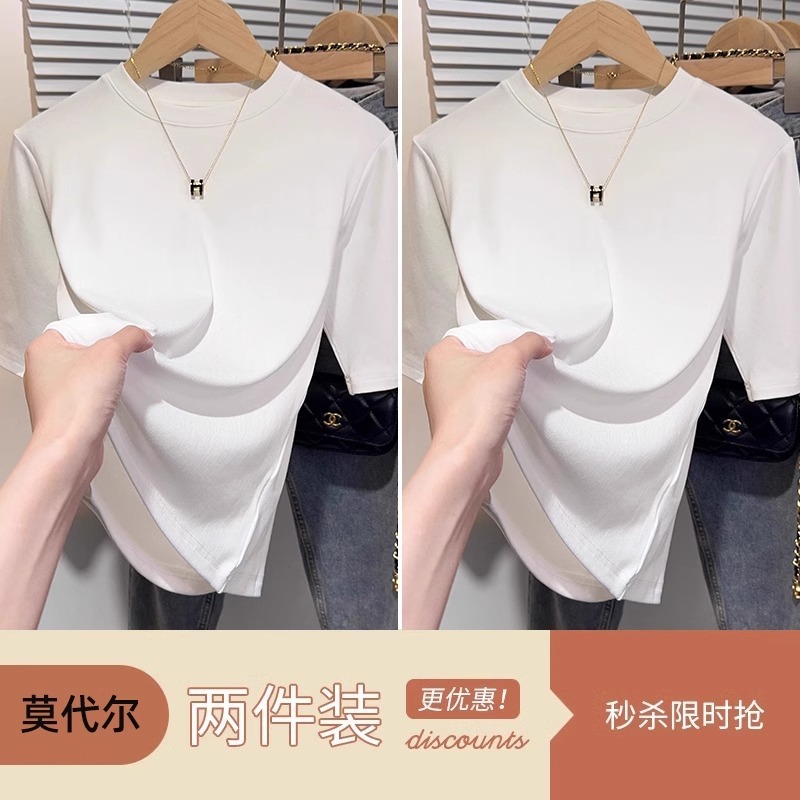 モーダル黒正肩中袖tシャツ女性夏春ねじ半袖丸襟修身五分袖底上着|undefined