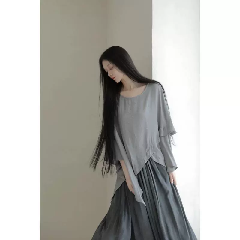 Топ из двух частей + юбка, свободный топ большого размера из художественного хлопка и льна с рукавами «летучая мышь», пуловер, костюм, юбка