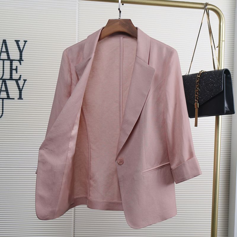 Pink Three-Quarter Sleeve Linen Blazer for Women, Summer Thin Casual Top, Spring and Autumn Short Slim-Fit Cotton-Linen Small Suit
