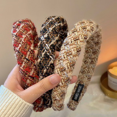 小香風撞色格子寬邊發箍女紅色絲絨發卡增高顱頂頭箍秋冬針織發捆