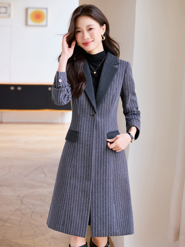 长款西装风衣外套女秋冬季25新款高级感厚款色职业休闲条纹大衣|undefined