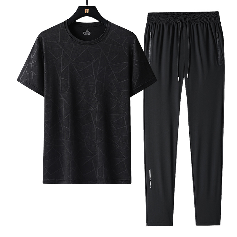 Traje de ocio deportivo para hombre de verano, seda de hielo, cuello redondo de secado rápido, pantalones de manga corta, camiseta para hombre, traje de dos piezas de gran tamaño de verano