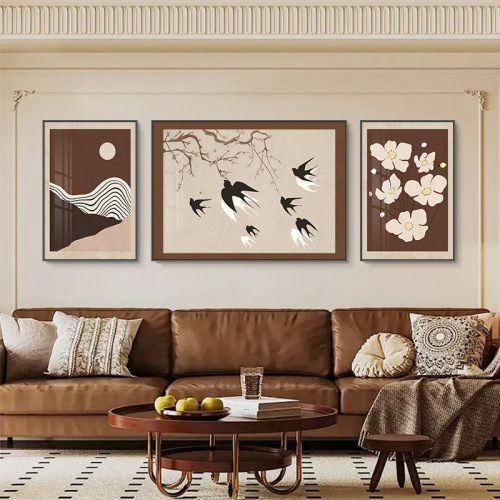 Retro luxurious sofa background wall hanging painting, antique-style living room decoration, niche art triptych abstract wall art