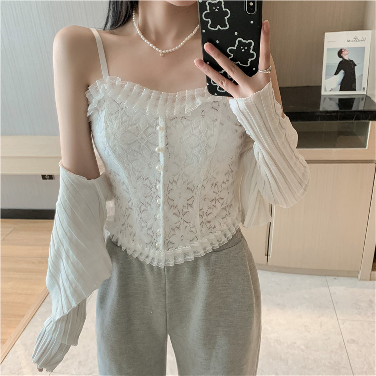 Purely Sensual Lace Pearl Backless Camisole with Built-In Bra Pads, Short Outerwear Tube Top