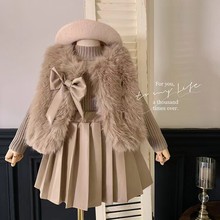 女童春秋新款皮草马甲三件套洋气时尚毛马甲加百褶裙加毛衣三件套