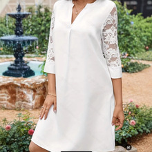 2025外贸欧美跨境时尚韩版蕾丝拼接中袖V领纯色中长款连衣裙