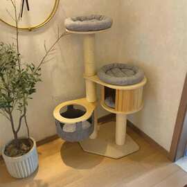 简约实木花猫树塔与抓挠剑麻柱猫窝吊床猫爬架室内猫