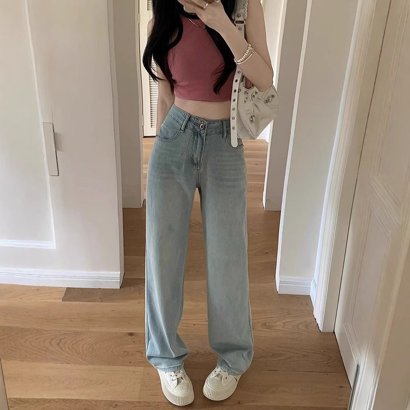 浅色高腰牛仔裤女春秋新款直筒百搭设计感小众遮肉显瘦阔腿长裤潮|undefined