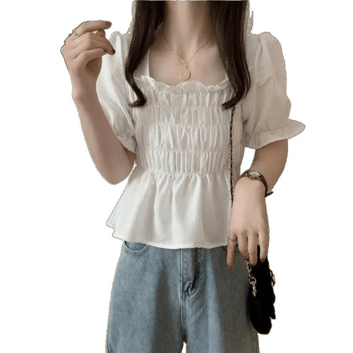 Summer Korean Version Plump Sister Slimming Top Women's Collar Plication Wood Ear Edge Versatile Shirt Women's Short Sleeve Chiffon Shirt