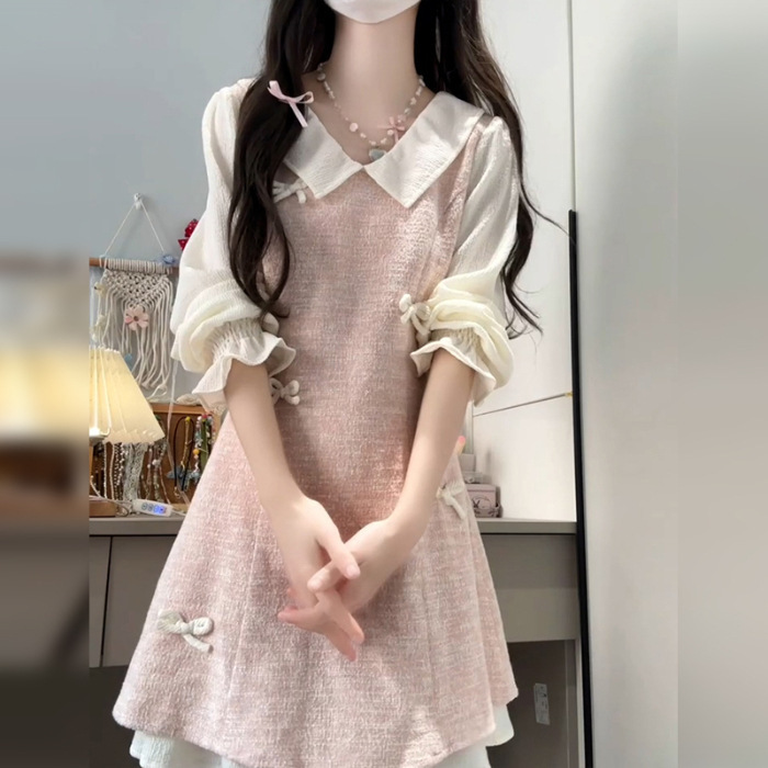小个子绝美粉色连衣裙子女初秋季2025新爆款假两件miu系穿搭短裙|undefined