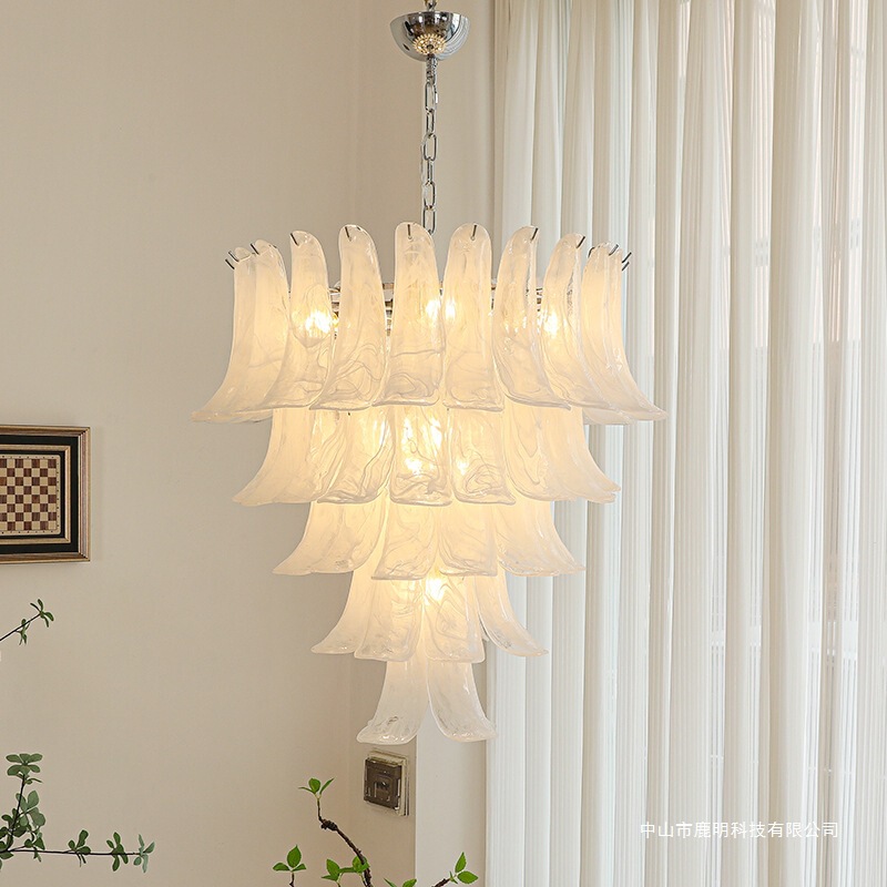 French Cream Fengyun Fog White Jade Glass Chandelier Light Luxury Duplex Stair Chandelier Bedroom Living Room Building Lighting