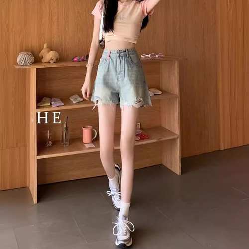 High-waisted denim shorts for women, summer thin model, frayed edge, niche design, trendy and spicy A-line wide-leg hot pants