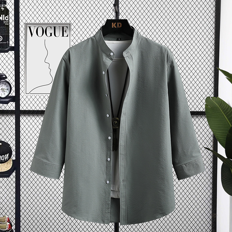 2025 Summer Men's Seersucker Texture Shirt Casual Shirt New Chinese Henry Collar Thin Seven-point Sleeve Men