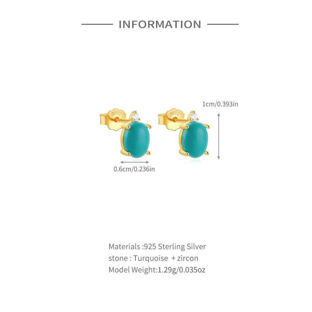 1 Paire Style Simple Rond Ovale Placage Incruster Argent Sterling Turquoise Boucles D'Oreilles display picture 2