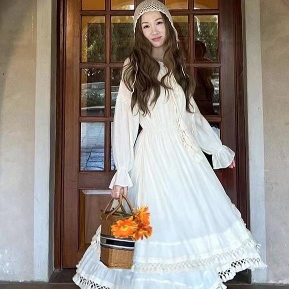 Irregular Cake Long-sleeved dress Spring New Korean-style Tight Waist Slimming All-match White Women