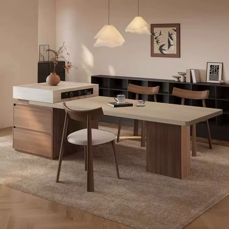 宋氏美学古风实木伸缩洞石岩板岛台餐桌一体家用多功能胡桃中岛